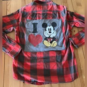 GUC Trashion Mickey Mouse Plaid Button Down Shirt - Red and Black Adult Small